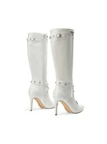 DREAM PAIRS Women's Metallic Stiletto Heeled Knee High Boots Sexy Fashion Pointed Toe Dress Boots With Stud And Zipper Tassel - trắng - Xem 7