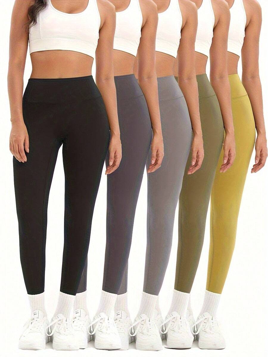 (5pcs High Waist Yoga Leggings) Women Fitness Leggings Running Cycling Pants, Stretchy & Breathable , No Perspective ,Tummy Control Design,  - Activewear For Indoor/Outdoor Workouts, Summer Workout Gym Clothing,Workout Pants|Sleek Leggings|Snug Fit Leggings Assort Colors - 5Pcs 5colors - 查看 1