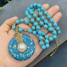 女士复古宝石波西米亚绿松石吊坠项链，天然淡水巴洛克珍珠串珠链毛衣项链，适合日常搭配衬衫、上衣、外套、旗袍