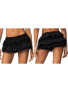 Women Y2k Lace Ruffle Bloomer Skirt Frill Tiered Solid Color Short Skirts Cute Layered Flowy A Line Mini Low Waist Short Skirt - màu đen - Xem 9