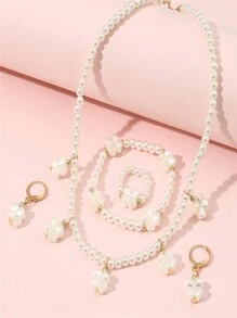 5pcs/Set Girls Heart Shaped Pearl Jewelry Set, Including Necklace, Bracelet, Earrings And Ring, Suitable For Daily Wear And Parties