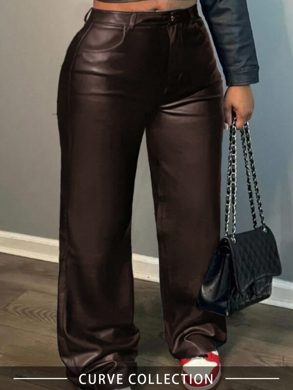 Pantalones rectos de pierna ancha con revestimiento mate de PU para mujer talla grande, de cintura alta, de moda casual, adecuados para fiestas, ir al trabajo, festivales, salidas y vacaciones - Primavera/Verano, Estilo Y2K, Apropiados para fiestas, ir al trabajo, vacaciones, festivales, actividades al aire libre, alto para mujeres, atuendos para salir, negro, pantalones