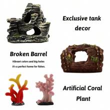 15 pièces Décorations d'aquarium - Pot cassé en résine et scénario de roches de grotte, plantes en plastique