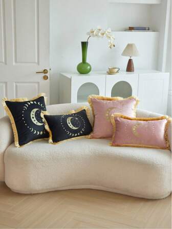1pc Ramadan Crescent Moon Embroidered Throw Pillow Cover, Home Decor For Living Room And Bedroom, Suitable For All Seasons