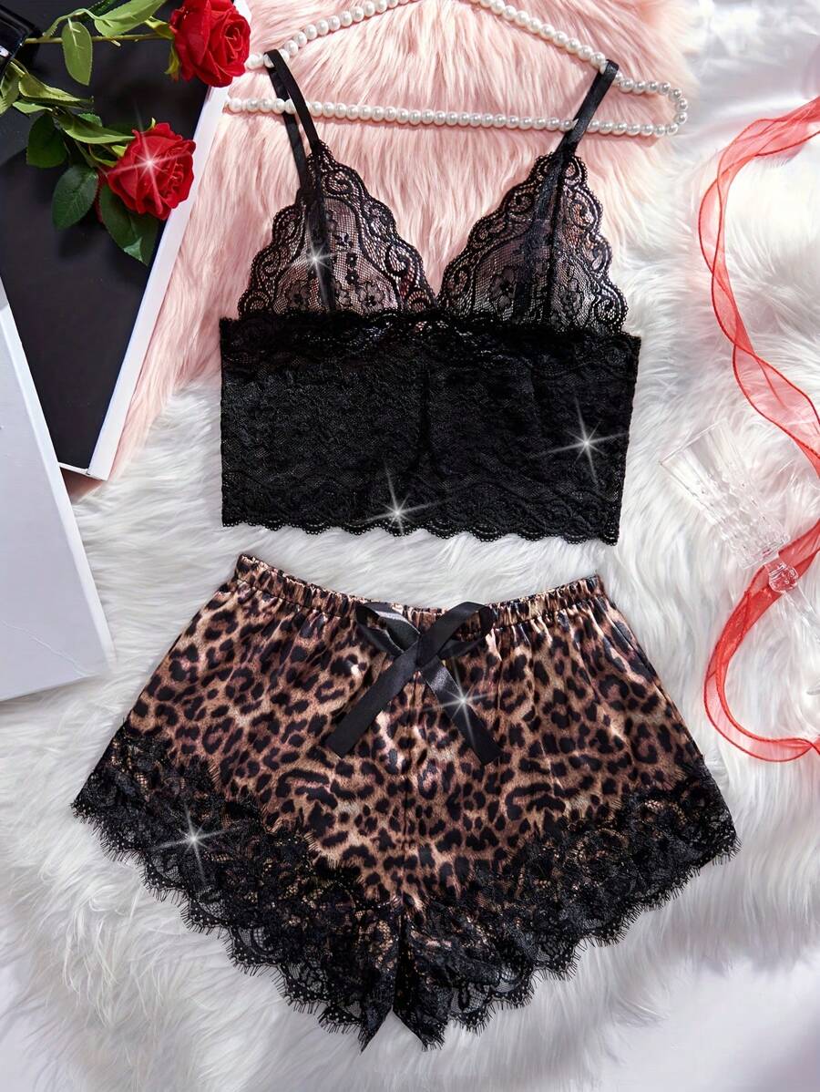 2 Pcs New Women's Sexy Lingerie Set Model Color Block Leopard Print Contrast Lace Lingerie Set Intimates Bra & Shorts Carnival Party Outfits Valentine's Day Surprise Gifts Elegant And Refined - Leopard - View 1