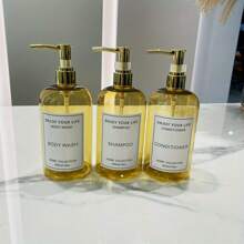 3pcs Golden Refillable Shampoo & Conditioner Dispensers With Waterproof Labels - Odorless Plastic Lotion Bottles For Bathroom Accessories, Perfect For Hotels & Guesthouses Home Bathroom Decor Fall Decor Back To School - Multicolor - View 5