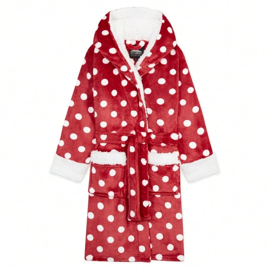 City Comfort Dressing Gown Hooded Fluffy Gown(Red 11-12 Years) - Red - View 1