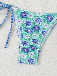 New Soft Fabric Solid & Printed Spaghetti Strap Drawstring Bikini Set, Fashionable Women Swimming Suit For Summer Beach - Green - View 5