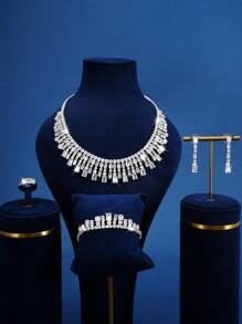 5pcs Set Luxury Square Cubic Zirconia Jewelry Set With Shiny Tassel, Including Necklace, Earrings, Ring, Bracelet, Suitable For Women, Wedding, Party, Birthday, Formal Dress Accessories