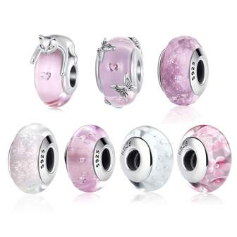  Bamoer 925 Sterling Silver Cute Pink Cat European Murano Glass Beads Sweet Flowers Charms For DIY Making Bracelets Valentine's Gift