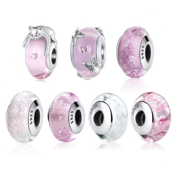 bamoer Bamoer 925 Sterling Zilver Schattige Roze Kat Europese Murano Glazen Kralen Zoete Bloemen Bedels Voor DIY Armbanden Maken Valentijnscadeau