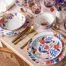 Excellent Set Of 4 Jess Phoenix Hand-Finished Stoneware Dinner Bowls With In-Glaze Floral Decal: Microwave & Dishwasher Safe