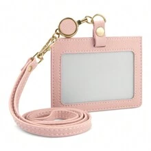 Badge Holder With Retractable Detachable Neck Strap Horizontal PU Leather Badge Clip With 1 Clear Window And 2 Card Slots On The Back Card Holder Wallet Business Card Holder Credit Card Holder Teacher Lanyard With Id Holder Card Holder Women For Women Mini Wallet Card Wallet