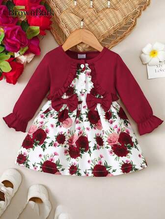 BrownBark 女宝宝秋季可爱长袖花卉蝴蝶结拼布二合一连衣裙