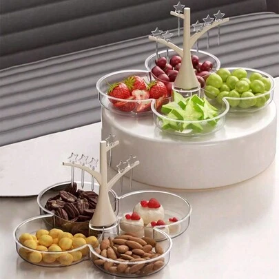 1pc/塑料水果盘，厨房透明多隔间水果盘，带星叉的餐盘，家庭小吃盘，适用于坚果、糖果、零食、水果、饼干、沙拉等各种小吃，适合用作节日聚会、家庭聚会、家居装饰、房间装饰。，神奇装饰品，节日配件，节日礼物