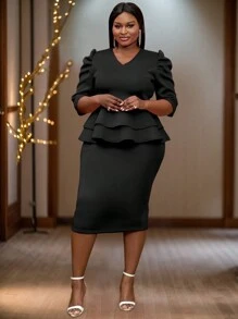 Women's V Neck Half Sleeve Tummy Hiding Peplum Dress For Birthday Wedding Party - Black - View 7