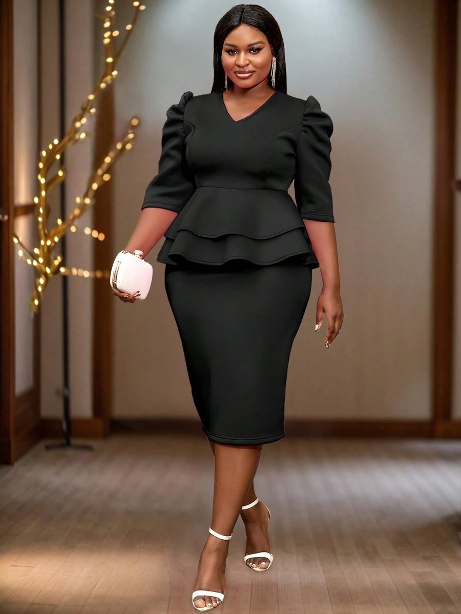 Women's V Neck Half Sleeve Tummy Hiding Peplum Dress For Birthday Wedding Party