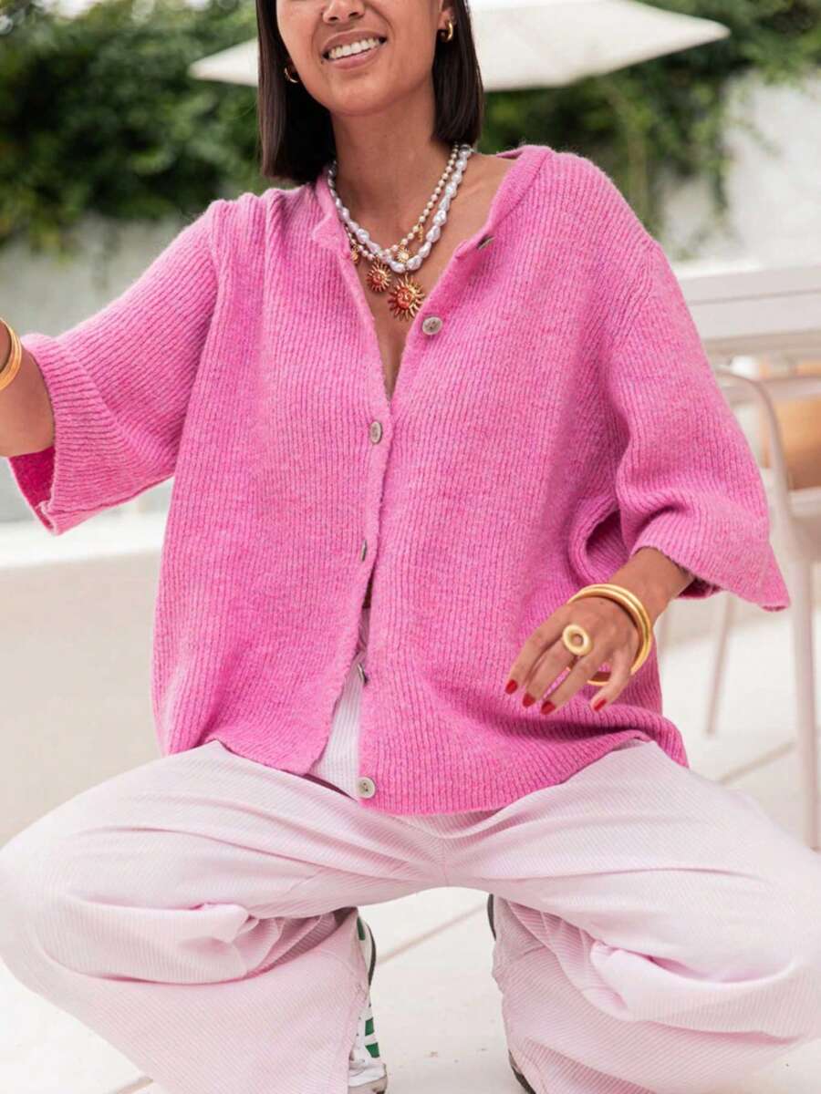 Women's Knit Cardigan Half Sleeve Round Neck Solid Color Button Up Knitwear - 玫紅色 - 查看 1