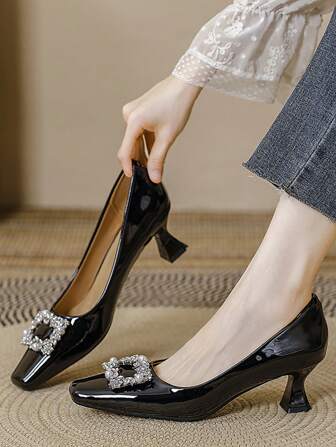 Kvinnors fyrkantig tå Strass- och pärldekor franska Mary Jane-skor, högklackat lackpumpar, modefest och avslappnad slip-on, höst