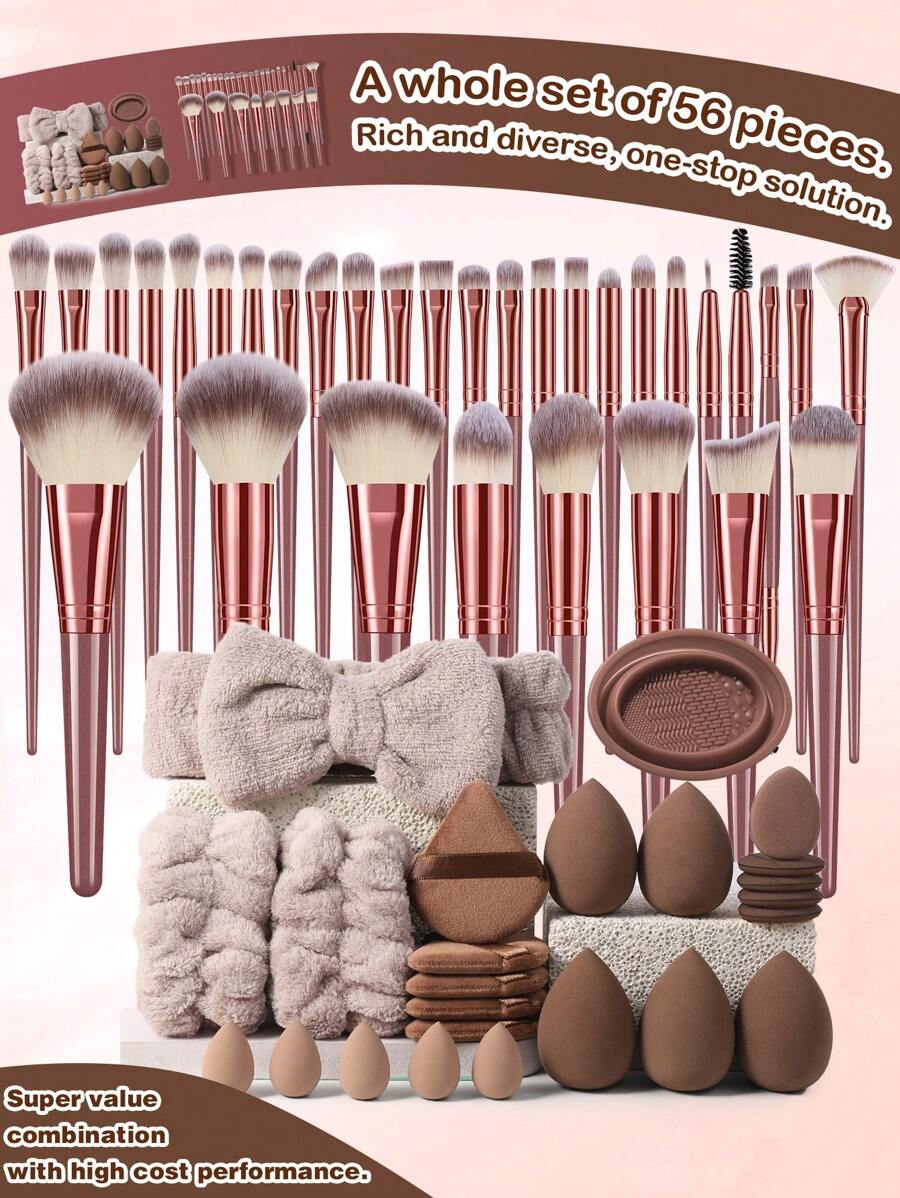 24/39/42/44/46/49/54/56PCS Makeup Tools Set Including:32PCS Makeup Brush Set+5PCS Makeup Sponges+5PCS Mini Makeup Sponges+5PCS Triangle Powder Puffs+5PCS Mini Air Cushion Powder Puffs+1pc Hairband+2PCS Hand Bowl Strap+1pc Makeup Brush Cleaning Tools - 彩色 - 查看 1