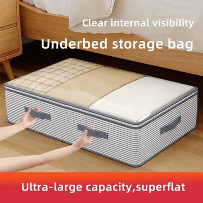 1pc/3pcs 120g Fabric Striped Pattern Large Capacity Underbed Storage Bag, Minimalist 120g Non-Woven Rectangular Extra Large Capacity Underbed Storage Bag, Large Opening Design Transparent Cover Clothes Organizer Bag, Foldable Handle Drawer Style Storage Bag, Suitable For Bedding And Clothing Storage, Suitable For Home Use