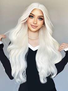 1 Peça Peruca Sintética Longa Ondulada de 26 Polegadas na Cor Prata Branca, Peruca de Cabelo Natural para Uso Diário com Franja, Peruca para Cosplay Feminina, Resistente ao Calor
