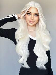 1 Peça Peruca Sintética Longa Ondulada de 26 Polegadas na Cor Prata Branca, Peruca de Cabelo Natural para Uso Diário com Franja, Peruca para Cosplay Feminina, Resistente ao Calor