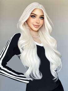 1 Peça Peruca Sintética Longa Ondulada de 26 Polegadas na Cor Prata Branca, Peruca de Cabelo Natural para Uso Diário com Franja, Peruca para Cosplay Feminina, Resistente ao Calor