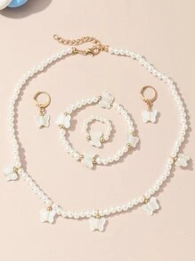 5pcs/Set Girls Heart Shaped Pearl Jewelry Set, Including Necklace, Bracelet, Earrings And Ring, Suitable For Daily Wear And Parties