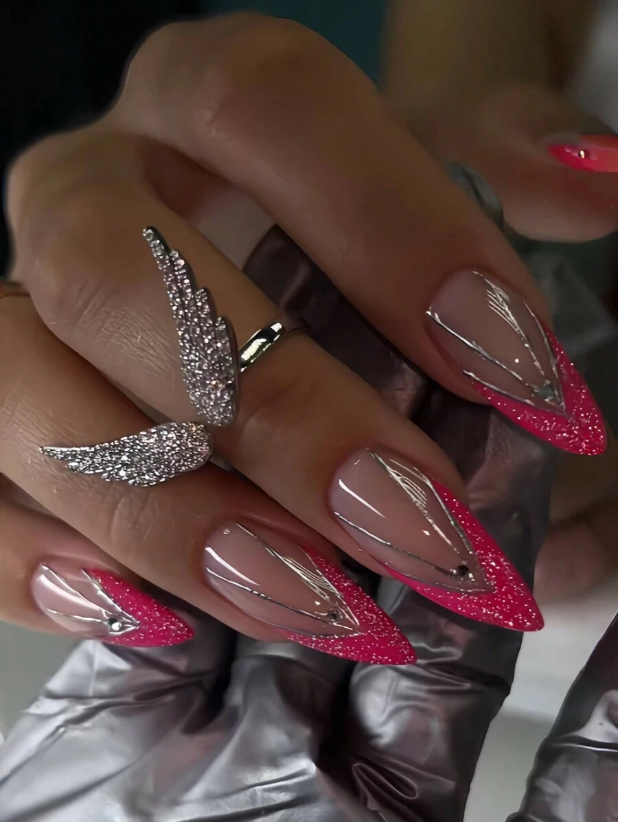 Actualiza tu apariencia al instante con el kit de 24 piezas de uñas postizas elegantes, vintage, sencillas y modernas con decoración de cristales, líneas plateadas y brillo en forma de V en color rosa, adecuado para chicas y mujeres elegantes y refinadas para usar en la vida diaria y de compras. - Rosa - Ver 1
