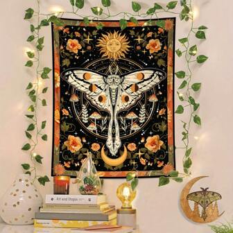 1 Stück vibrant vintage gelber Motte Mandala Wandteppich - einzigartiges ästhetisches Schlafzimmerdekoration, Pflanzen, Sonne & Mond Raumhängende dekorative Wandkunst, geeignet für Wohnzimmer, Büro, Zuhause - verleiht jedem Raum boho, natürlichen Stil