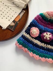 1 sztuka ręcznie robiony 3D kwiatowy malowany mały rondo kapelusz typu bucket, nowy damski krótki rondo jesień/zima mały kwiatowy kapelusz typu bucket, ciepła ochrona uszu dzianinowa czapka z dzianiny kwiatowej, słodki damski jesienny/zima kapelusz typu bucket