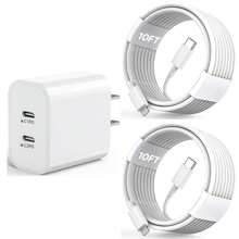 JAYUANONE 适用于 14 快速充电双端口 USB C 充电器 20W 适配器快速充电器 10 英尺（约 3 米）闪电数据线适用于 14 ProMax/13Pro/12/11/XS/XR/X/SE 壁挂式适用于办公室、学校、宿舍和家庭兼容 16 15 14 13 12 11 Pro Max XS X SE2022 iPad、Android 手机超级快速充电器兼容 、旅行充电器插头、快速充电、送给家人、朋友、孩子、生日、圣诞节、冬季的礼物 - 美規A型插(110-127V) - 查看 1