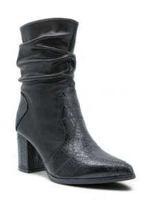 2025 Autumn/Winter, Fashionable Retro Snake Skin Embossed Pointed Toe Chunky Heel Ankle Boots, Outdoor, Warm, Classic, Winter - Black - View 4