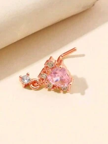 1 件粉色 L 型鼻钉，时尚可爱简约水钻心形鼻环，适合女性日常佩戴鼻环饰品