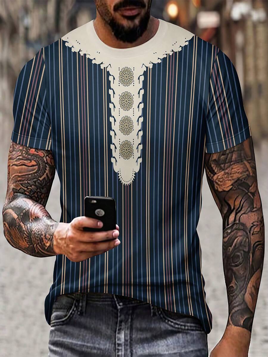 男士时尚复古印花圆领短袖 T 恤 - 彩色 - 查看 1