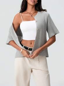 Women's Knit Cardigan Half Sleeve Round Neck Solid Color Button Up Knitwear - 灰色 - 查看 2