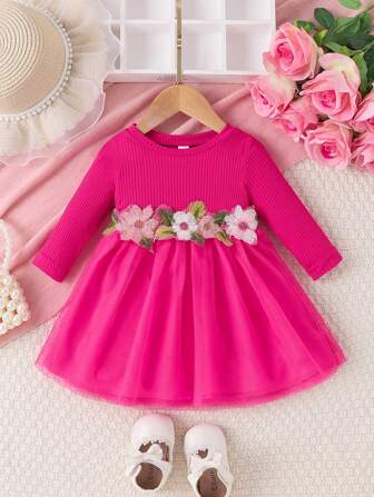 Baby Girl Floral Design Spliced Mesh Long Sleeve Elegant Cute Dress, Summer Style