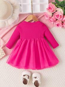 Baby Girl Floral Design Spliced Mesh Long Sleeve Elegant Cute Dress, Summer Style - Hot Pink - View 2
