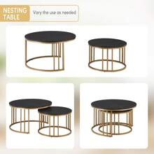CLIPOP Round Nesting Coffee Table Set Of 2 For Living Room With Marble Effect, Stacking End Side Table With Golden Metal Frame, Sofa Tea Table For Small Space - Black - View 4