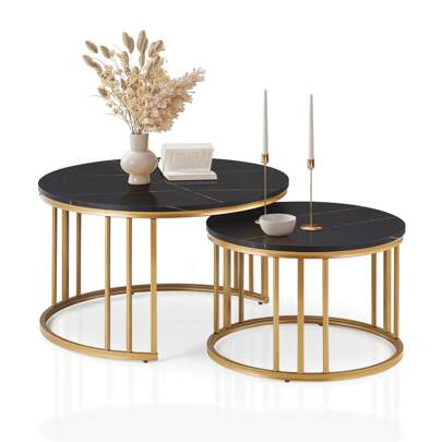 CLIPOP Round Nesting Coffee Table Set Of 2 For Living Room With Marble Effect, Stacking End Side Table With Golden Metal Frame, Sofa Tea Table For Small Space