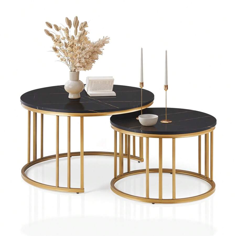 CLIPOP Round Nesting Coffee Table Set Of 2 For Living Room With Marble Effect, Stacking End Side Table With Golden Metal Frame, Sofa Tea Table For Small Space - Black - View 1