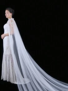 1pc Plain Color Sheer Long Dress Shawl, Detachable Brooch Or Cloak Style Wrap, Bridal Wedding Cape Fall Clothes For Women