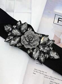 1pc White Rose With Rhinestones Decorative Elastic Waist Belt, Elegant Fashion Accessory For Dresses And Down Jackets Summer, School Fall, Autumn, Halloween