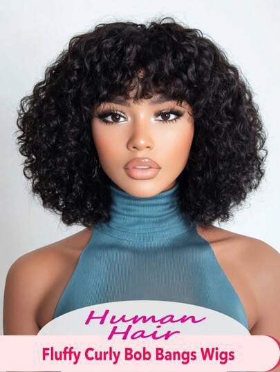 250% 密度真人发卷发波波头假发带刘海 - 巴西黑水波女士假发 - 全机卷发 - 玫瑰网帽 - 适合女性