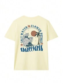 Magliette grafiche estive da donna con stampa di slogan e palme, scollo rotondo, maniche corte, modello ampio e casual, disponibili in bianco, nero e rosa, ideali per look da vacanza - Giallo - Visualizzare 3