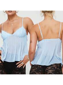 Women's Pleated Camisole Mini Bowknot Front Spaghetti Strap V-Neck Lace Cropped Tops - Blue - View 3