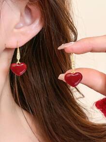 1 cặp bông tai mặt trái tim đỏ Encore nhỏ gọn dùng hàng ngày đa năng, thích hợp làm trang sức đeo hàng ngày cho phụ nữ, quà tặng Giáng sinh, quà tặng ngày lễ - Đỏ - Xem 2