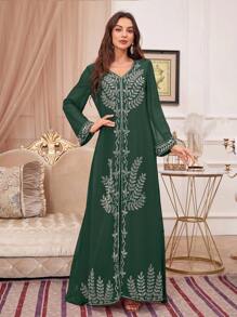 Floral Print Kaftan Dress With Cape - Green - View 6