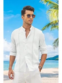 Camisas Casual Playa De Guayabera Cubana Para Hombre - Blanco - Ver 2